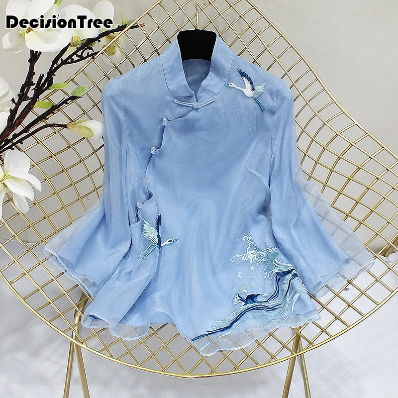 Китайский традиционный топ с цветочным принтом cheongsam, китайская блуза, рубашка qipao с длинным рукавом, китайский Топ для женщин с вышивкой журавля