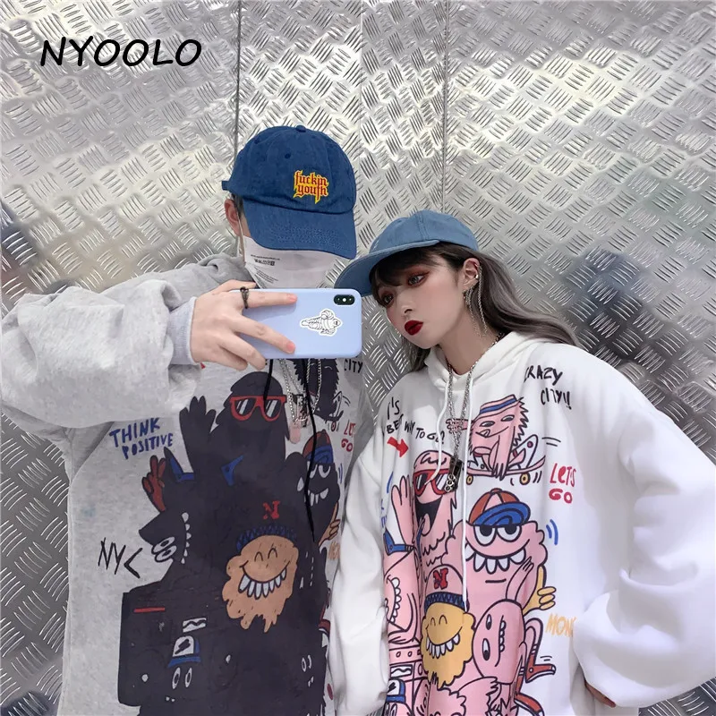 NYOOLO Harajuku уличная мультяшная граффити Печать толстые теплые худи Осень Зима Свободный пуловер с капюшоном флисовая Толстовка для женщин и мужчин