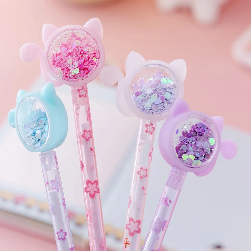 Transparent Cat Sequins Gel Pen 0.5mm Pens Stationery Student Cute Signature School Office Supplies Writing Tools | Канцтовары для