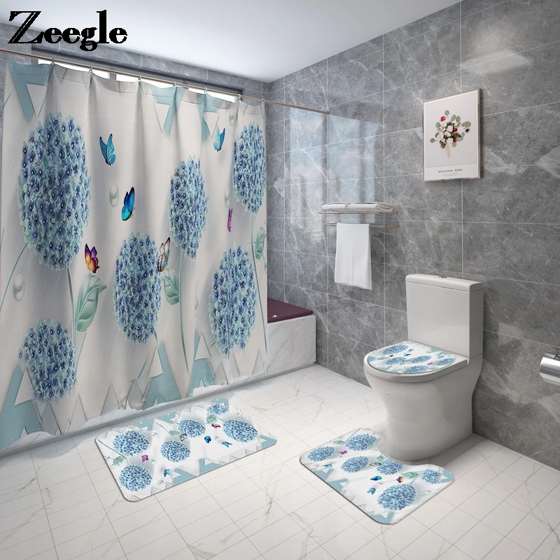 Bath Mat Shower Curtain Set Flannel Bathroom Mat  Waterproof Polyester Shower Room Bath Curtain Toilet Rugs Animal Pattern