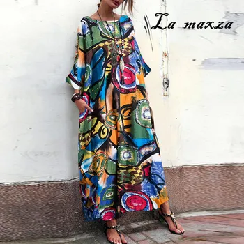 

2020 Casual Spring Print Women Long Dress Plus Size Vintage Long Sleeves Pockets Loose Dress