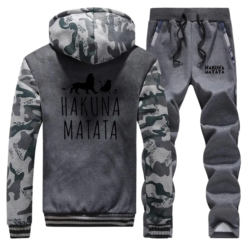 50% OFF HAKUNA MATATA Winter Jacket+Pants 2 Piece Sets Letter Print Thick Fleece Sweatshirt Men's Cartoon Lion King Men Trousers Hoodies