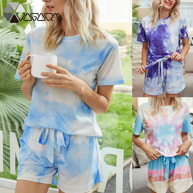 

Summer Two-Piece Suit 2020 Fashion Gradient Printed Tie-Dye Print Set Short Sleeve Tops and Drawstring Shorts Casual Outfits