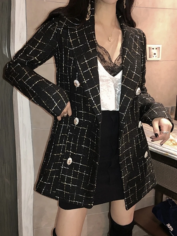 New Autumn Plaid Suit Coat Woman Small Fragrant Celebrity Double-breasted Blazer Jacket Chic Slim Outwear