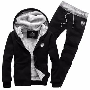 

Brand Fashion Thick Velvet Sporting Suit Men Warm Hooded Tracksuit Track Hoodie Sweat Suits Set zipper Black Sweatshirts