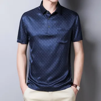 

Fold-down Collar Men Mulberry Silk Short Sleeve T-shirt Casual Loose Middle-Aged Real Silk Trend Men'S Wear Base Summer Daddy Cl