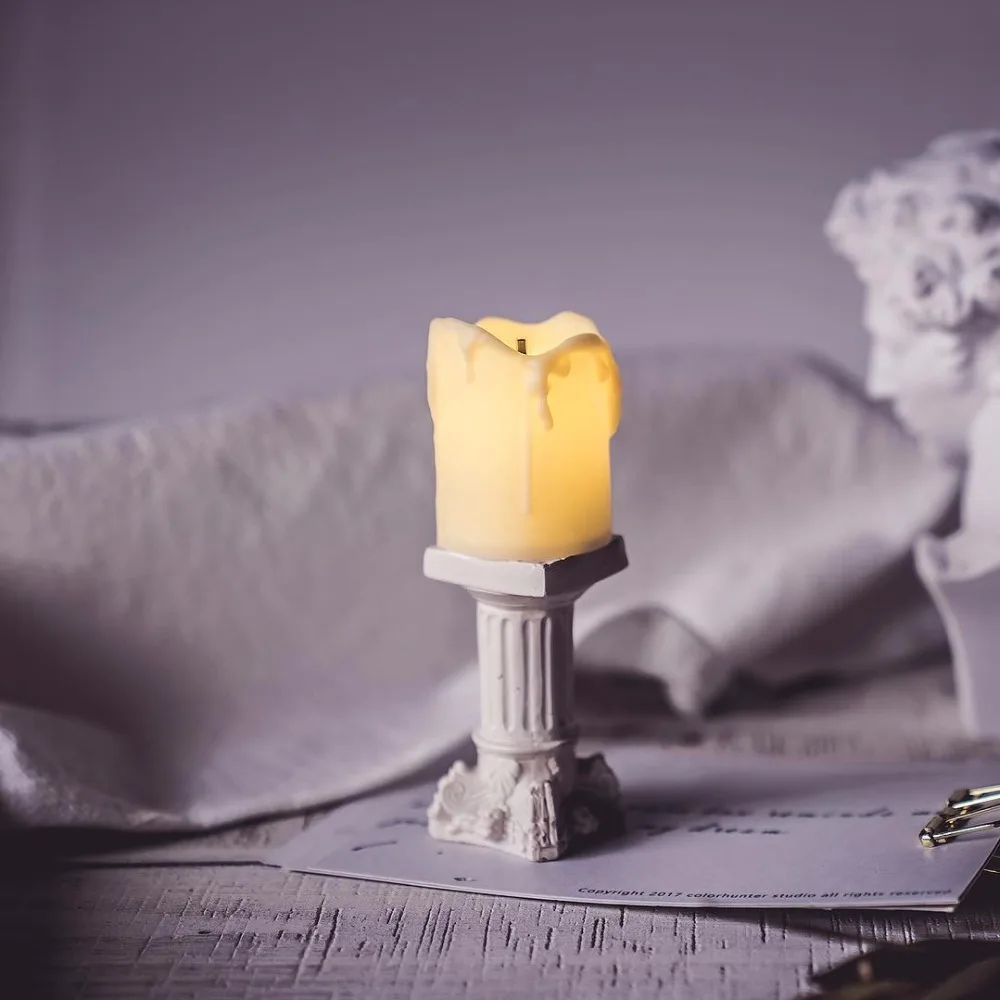 Vintage Pastoral Nordic Wind Shooting Props Model House Decoration Roman Candlestick Candle Electronic Night Light Modern