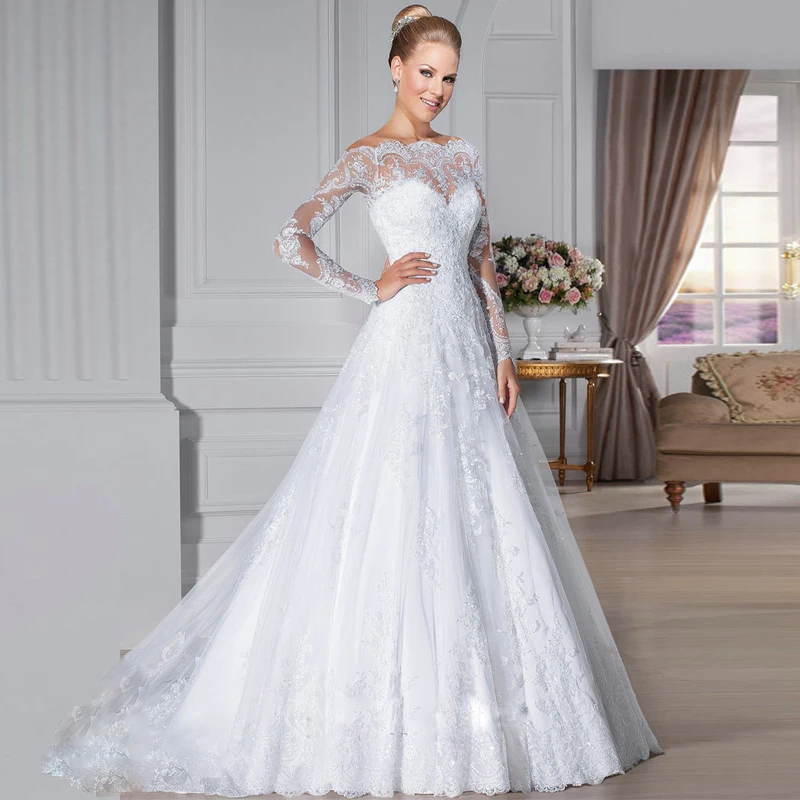 С длинным рукавом и кружевной аппликацией свадебное платье vestido de noiva с открытыми плечами свадебное платье; robe de mariage; платья для матери невесты