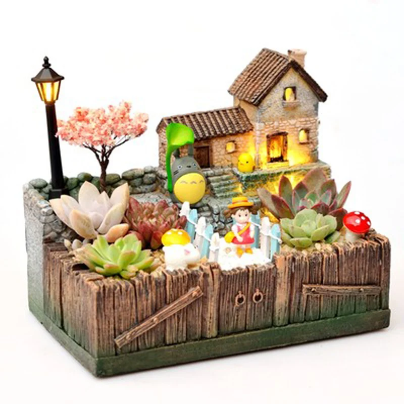 Resin Flower Pot for Succulent Plants, Desktop Potted Holder, Retro Village, Home, House Shape, Balcony Decoration Ornaments