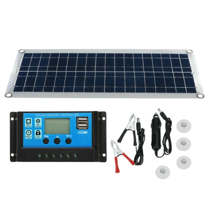 

30W Dual USB Flexible Solar Panel Kit+40A Controller+Clip Outdoor Car Charger Power