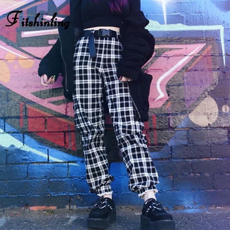

Fitshinling Gothic Winter Pants Women Plaid Harajuku Checker Joggers With Sashes Buckle Casual Slim Hippop High Waist Pant Sale