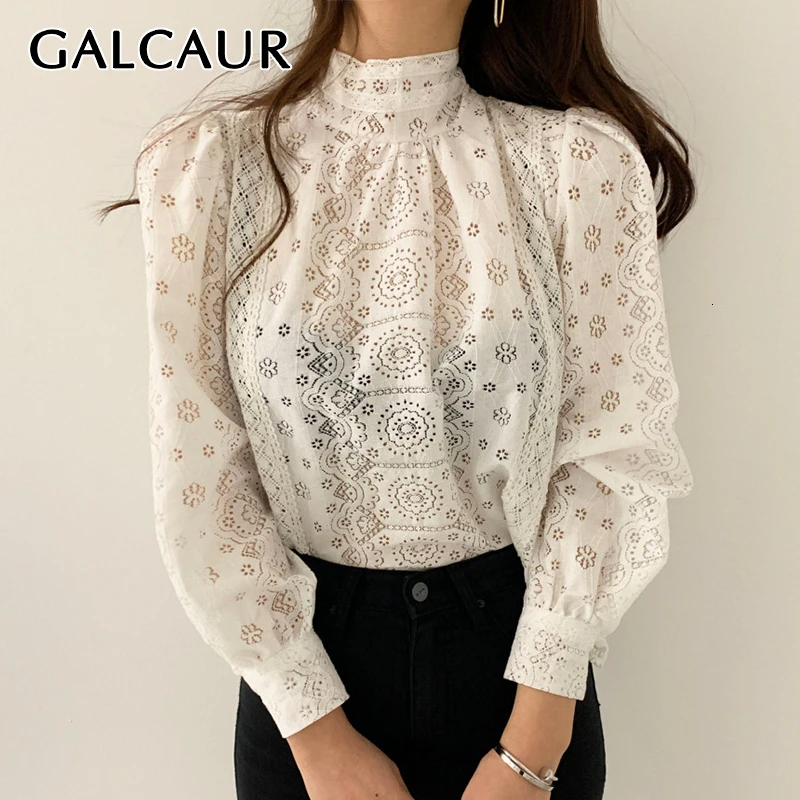 GALCAUR Корейская кружевная перспективная блузка женская стоячий воротник фонарь