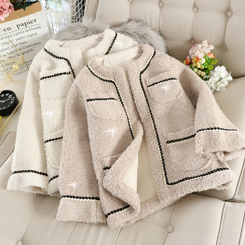 MUMUZI Faux fur jacket female autumn and winter new fashion round neck fur faux lamb fur coats with pockets