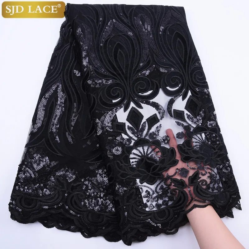 Fashion French Tulle Lace Fabric Embroiderey Velvet Lace High Quality Sequins Nigerian African Mesh Lace Fabric For WeddingA1772 - Цвет: black