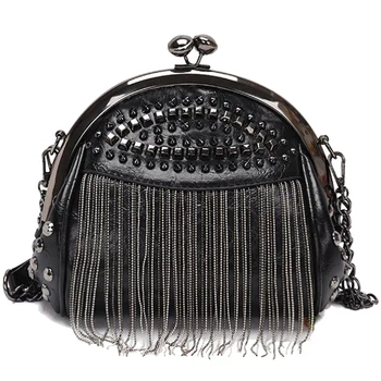 

FGGS-Retro Tassel Fashion Shell Bag New Rivet Personality Clip Lock Single Room Messenger Bag Tide
