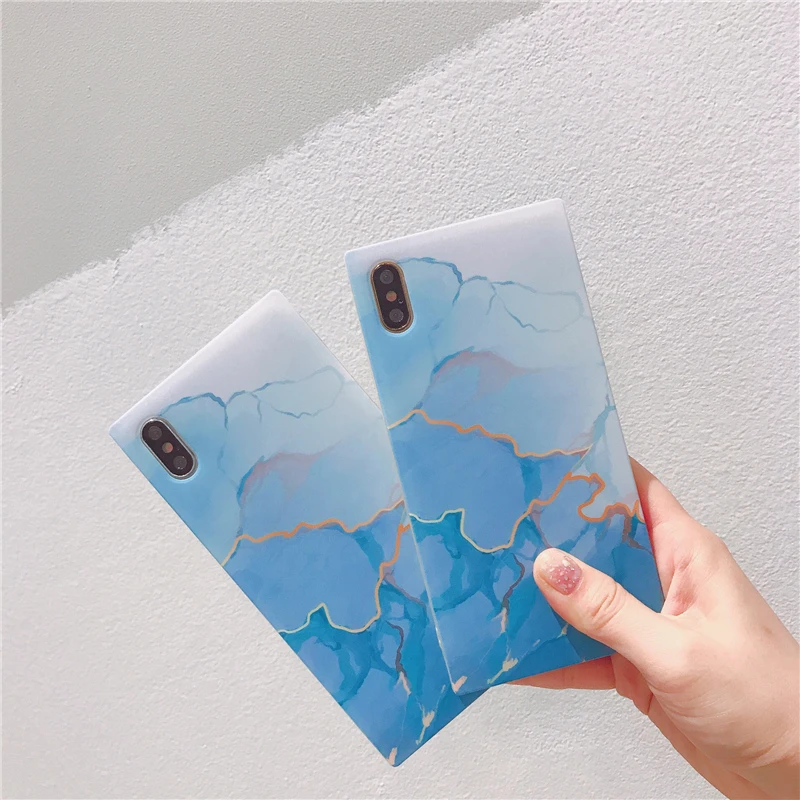 

Marbled square phone Case For iphone XR Case XS Max X for iphone 6 8Plus Luxury Blue glacier Matte soft silicon Drop-Proof Cover