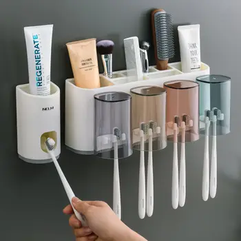 

Creative Free Punched Toothbrush Storage Shelf Home Bathroom Wall Hangers Toothbrush Holder Set with Toothpaste Squeez