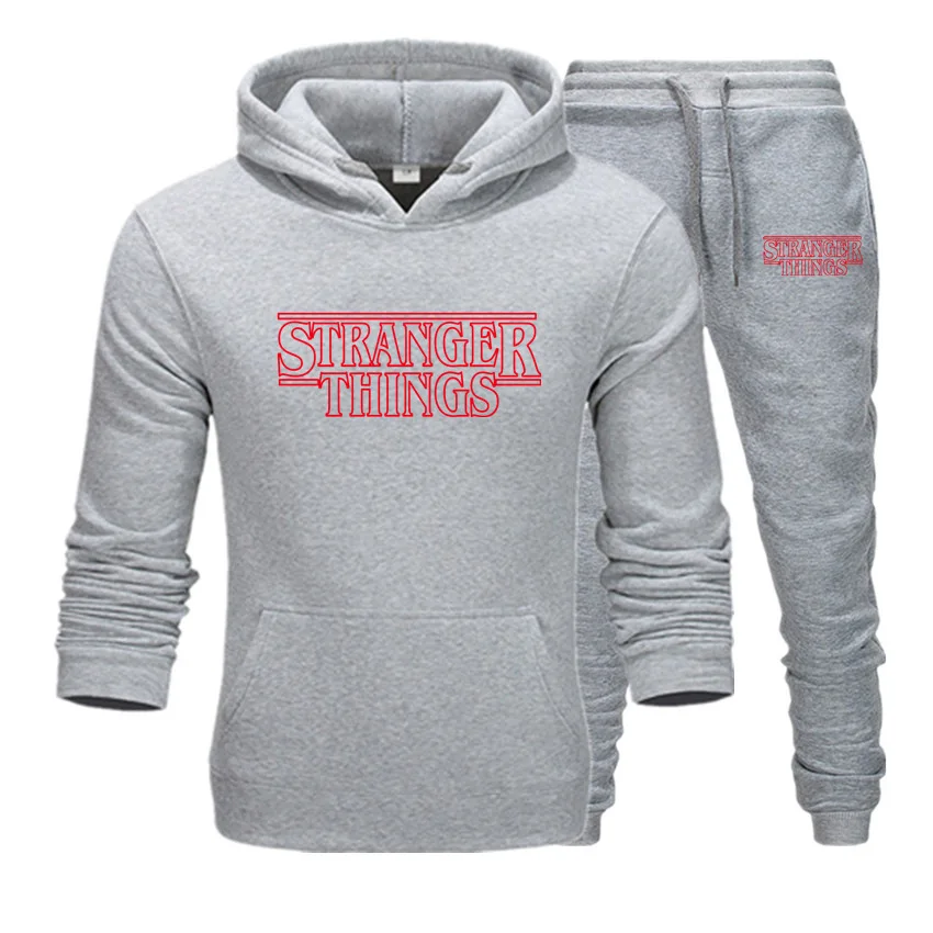 Light grey-R Новинка, спортивный костюм для странных вещей,, мужские комплекты, толстовка+ штаны, комплект из двух предметов, повседневный спортивный костюм, мужской повседневный фитнес-костюм - Цвет: Light grey-R