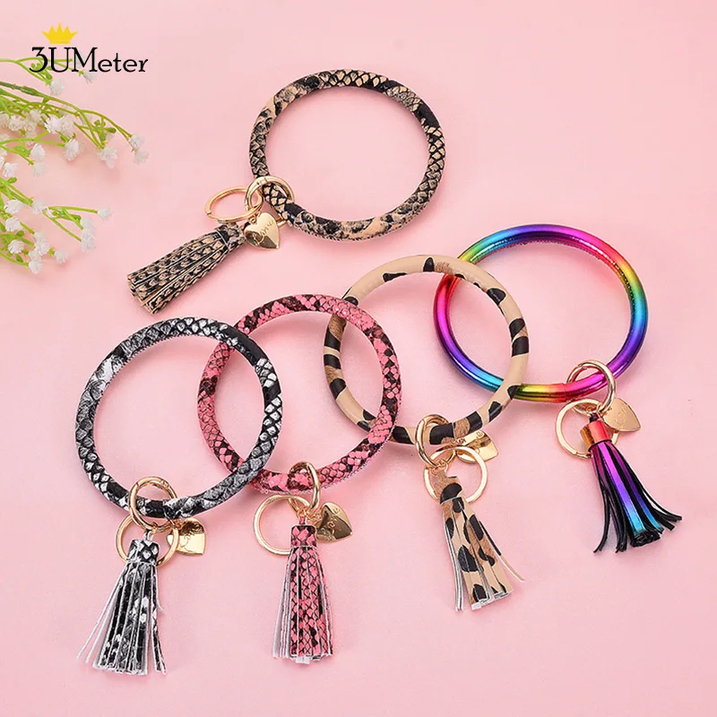 

3UMeter New Fashion Wristlet Keychain Bangle Keyring Bangles PU Leather O/Round Key Chain Tassel Bangle For Women Girls