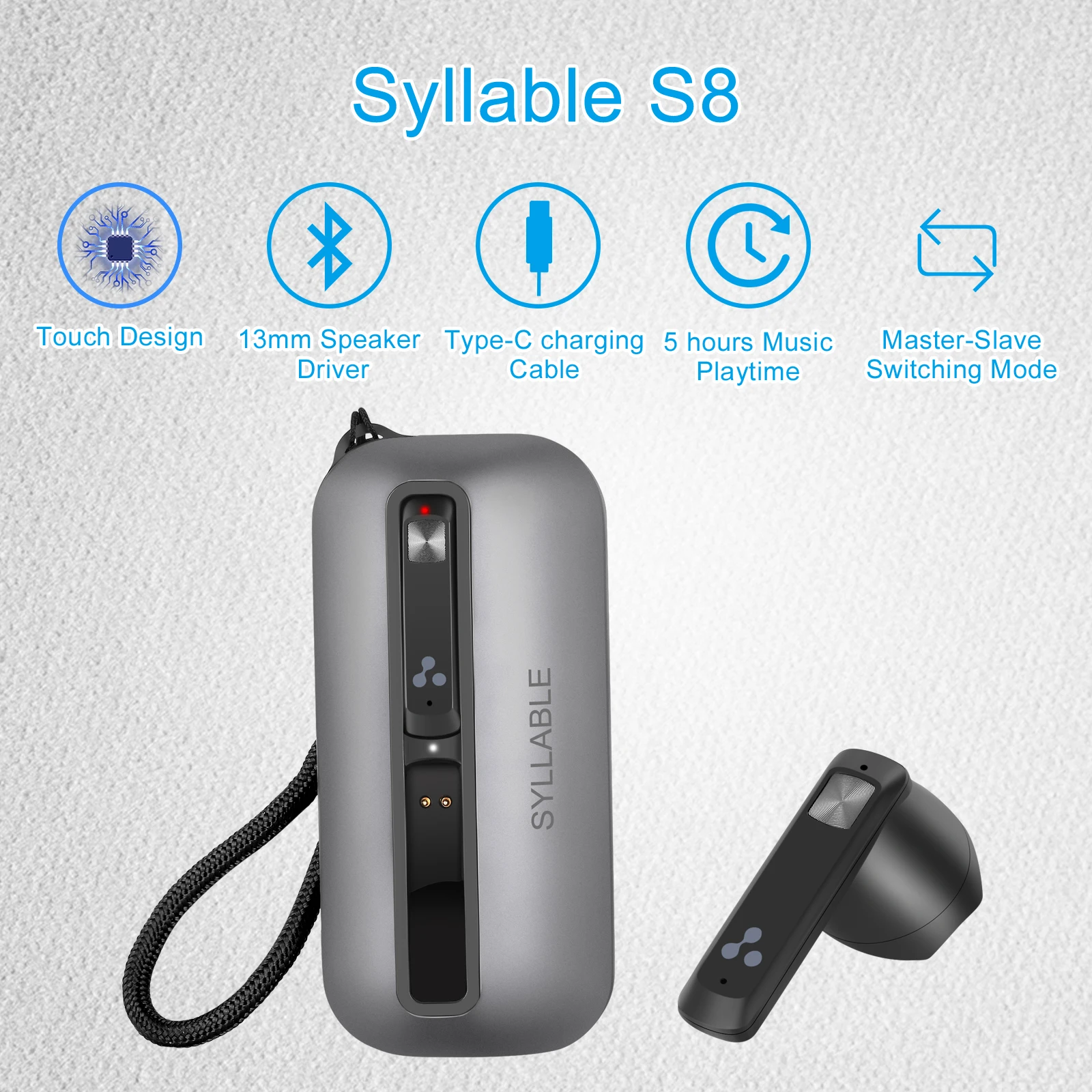 

Touch SYLLABLE S8 гарнитура подходит для BT V5.0 True Wireless стереонаушники SYLLABLE S8 TWS 13 мм динамик драйвер Type-C зарядный кабель