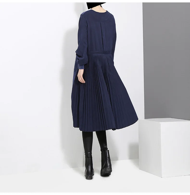 [EAM] женское Плиссированное ассиметричное вязаное платье, новинка, круглый вырез, длинный рукав, свободный крой, мода, весна-осень JD4870