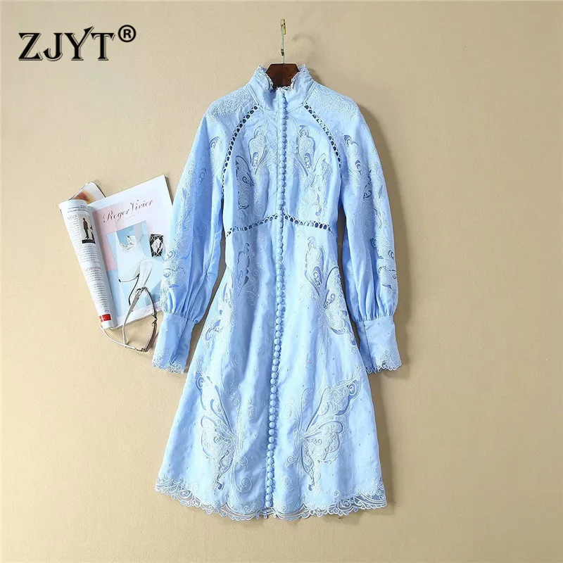 

High Quality Runway Dress Designers Women 2019 New Autumn Clothes Lantern Sleeve Hollow Heavy Embroidery Linen Cotton Dress