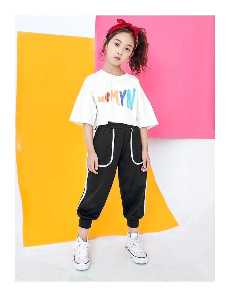 Kids Jazz Dance Costumes Girls Hip Hop Clothing Loose White T Shirt Jogger Black Pants Set Streetwear Stage Perform Clothes (13)