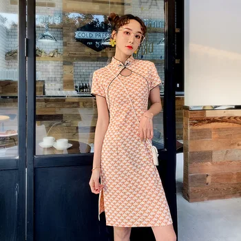 

Elegant Lady Plus Size 3XL Novelty Short Chinese Formal Dress Chinese Style Women Mandarin Collar Qipao Vintage Cotton Cheongsam