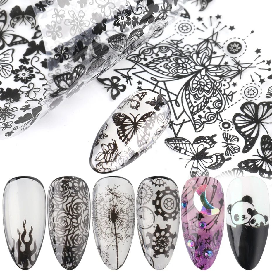Black Nail Foil Butterfly Flower 1