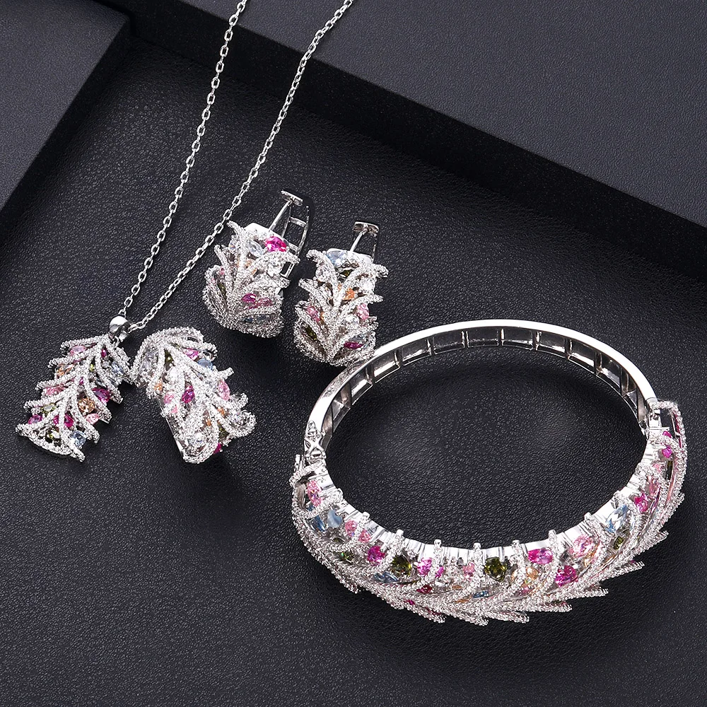 Janekelly Роскошные кубического циркония ожерелье браслет серьги и кольцо 4 шт. Дубай полный набор украшений для женщин, свадебное платье ужин