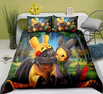 

Cute Pikachu Pokemon Anime Duvet Cover Set Bed Cover Set Gift Janpanese Game Character Cartoon Bedding Set 3PCS for Kids Girls