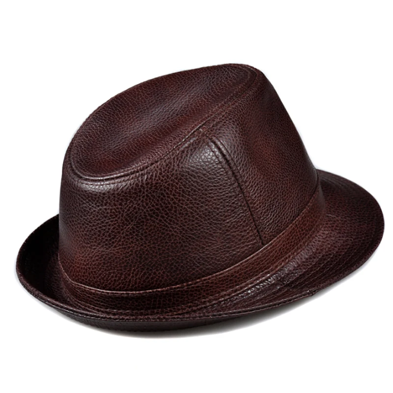 New 2021 Man High Quality Genuine Leather Jazz Fedora Gentleman Cow Skin Short Brim Black/Brown Top Hat Male Shows Topper custom fedora hats