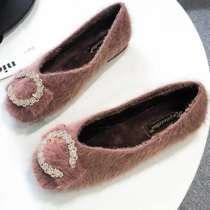 

Winter Fur Shoes Women Plush Warm Loafers Slip On Ballet Shoe Casual Crystal Flats Large Size Moccasins Lady Fashion Footwear