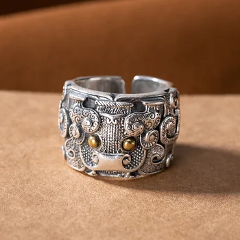 

Yiluyin S990 foot silver retro made old personality auspicious beast Taotie men's wide face open ring ring