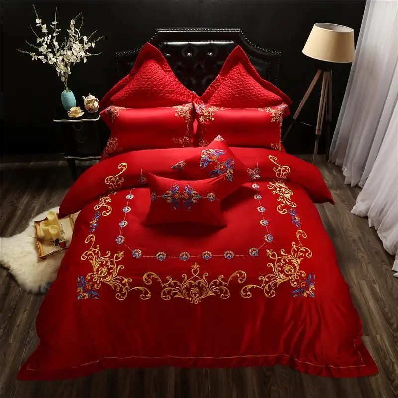 Luxury Silk Cotton Satin Classic Red Wedding Bedding Set Embroidery