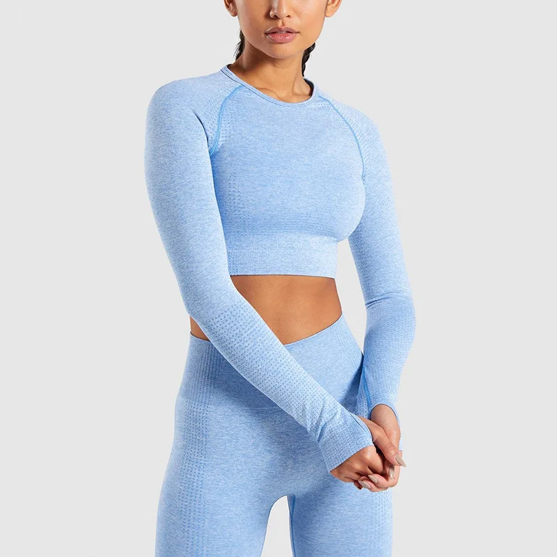 sky blue top Vital бесшовный укороченный топ для йоги, женская футболка с длинным рукавом для фитнеса, облегающая Спортивная одежда для бега с отверстиями для большого пальца, футболка для спортзала - Цвет: sky blue top