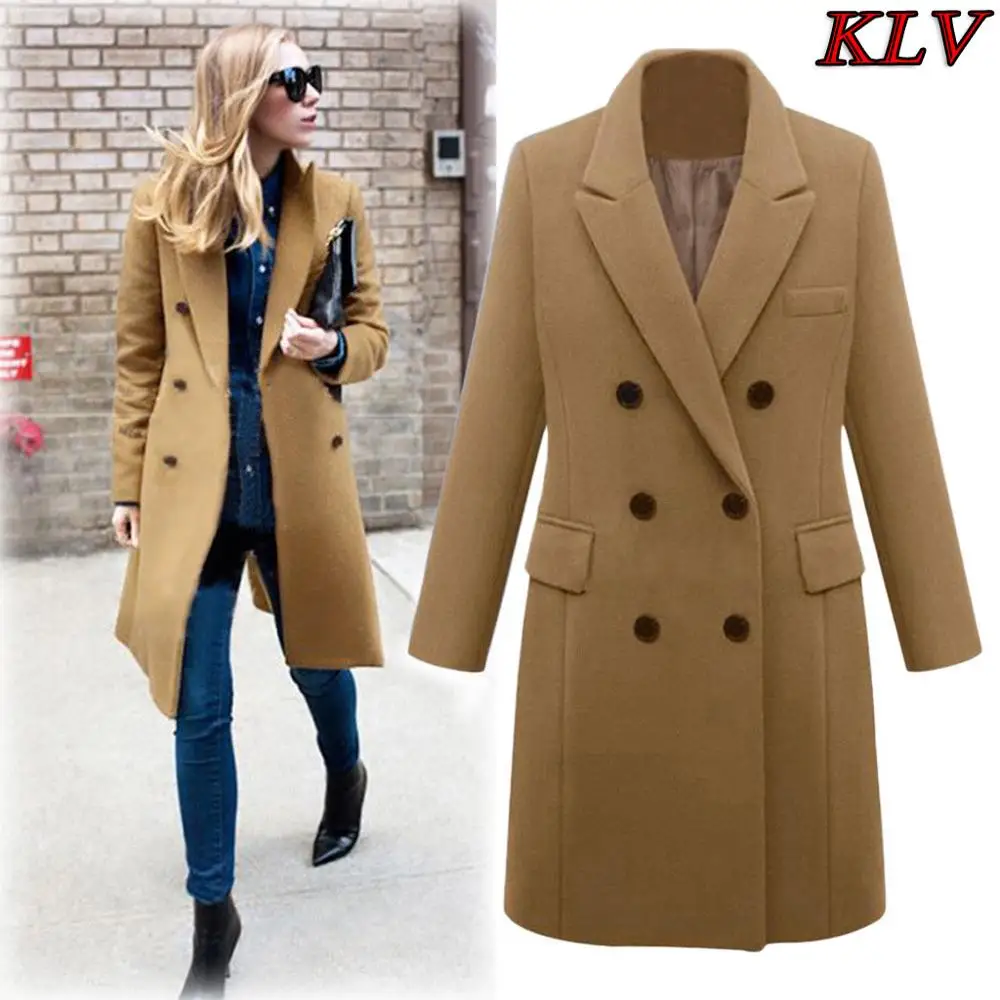 Khaki KLV Женское зимнее шерстяное пальто Тренч куртка длинная парка модная простота мягкое элегантное пальто Верхняя одежда vestes pour femme - Цвет: Khaki