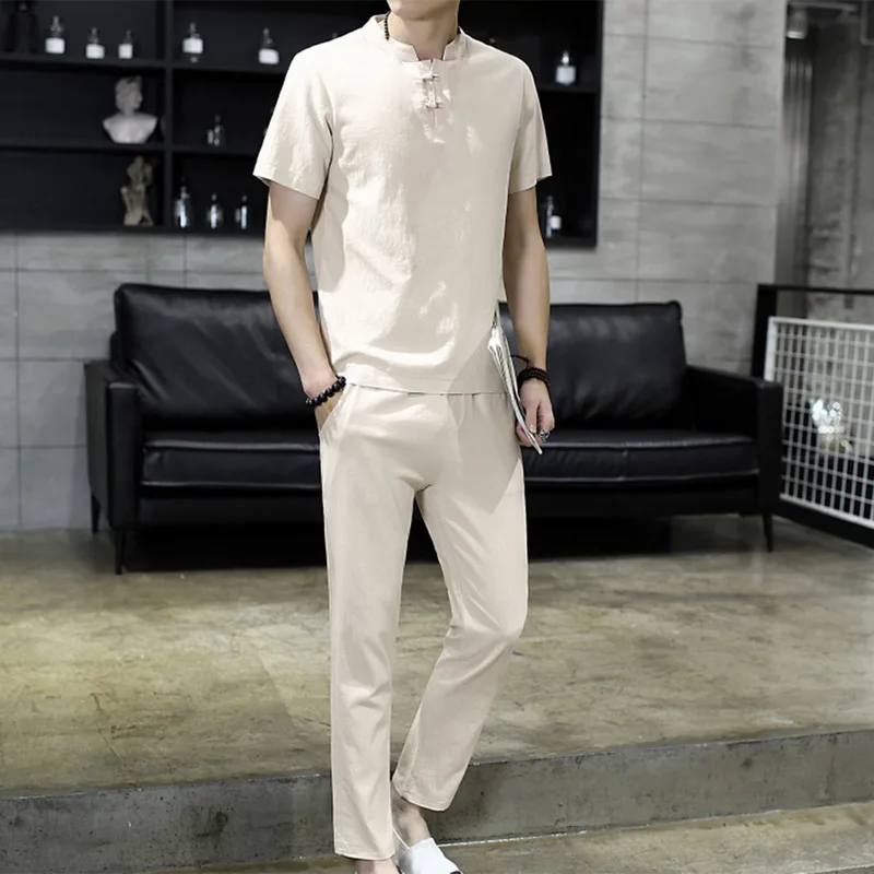 

Summer Ropa Hombre Set Slim Casual Tracksuit Men Short Sleeve Shirt + Linen Striaght Pants 2 Pieces Mens Clothing Streetwear