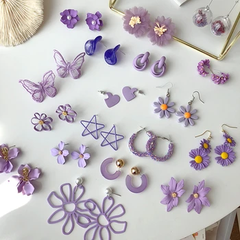 

HUANZHI 2020 New Sweet Purple Geometric Flowers Butterfly Grape Love Heart Metal Stud Earrings for Women Party Jewelry Gifts