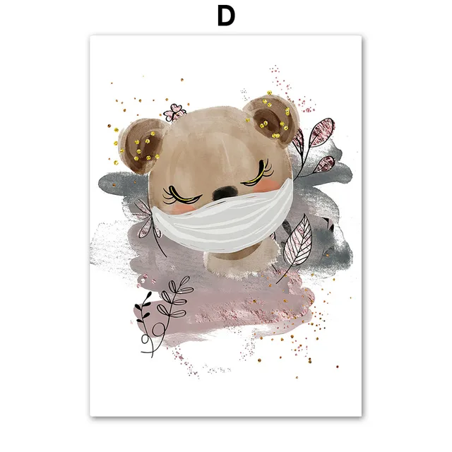 Cartoon Elephant Giraffe Bear Zebra Face mask Wall Art Canvas 