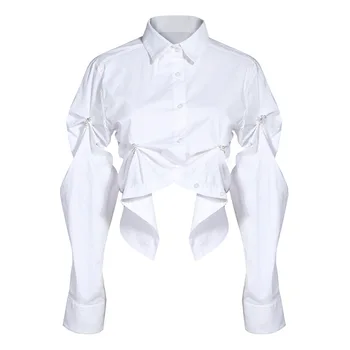 

Women White Asymmetrical Pleated Blouse New Lapel Long Sleeve Loose Fit Shirt Fashion Tide Spring Autumn 2020