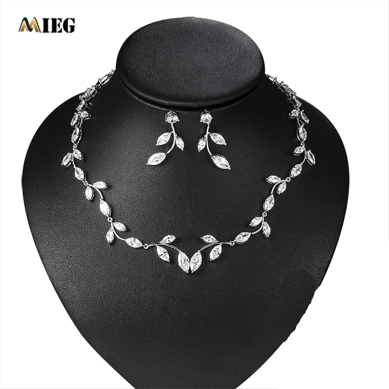 MIEG Brand Leaf Shape CZ Cubic Zirconia Crystal Necklace and Earring Jewelry Set in Rhodium Color Plated | Украшения и аксессуары