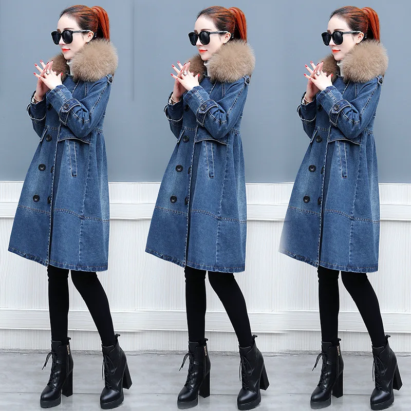

2019 Autumn And Winter WOMEN'S Dress Winter New Style Mid-length Loose Thick Warm Large Fur Collar Cowboy Cotton Overcoat Fashio