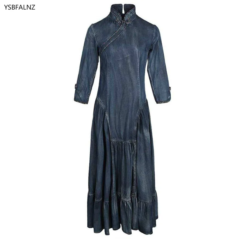 

Women Spring Denim Maxi Dress 2020 Cotton Vintage Loose Retro Nine Points Sleeve Elegant Autumn Vestidos Casuales New Shipping