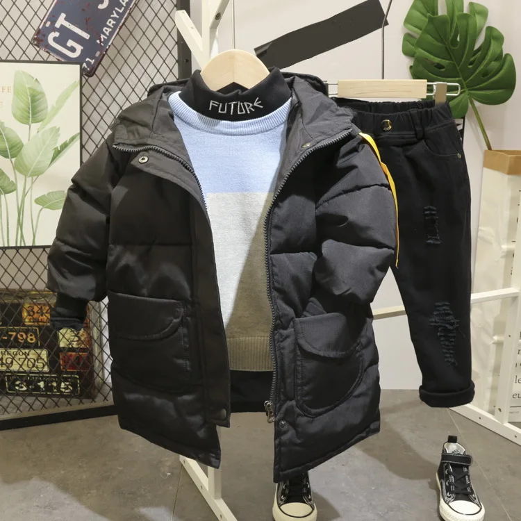 4pcs set Комплекты зимней одежды для мальчиков Длинная зимняя куртка для мальчиков+ вязаный свитер+ Плюшевые футболки+ штаны 4 шт./компл., детские спортивные костюмы - Цвет: 4pcs set