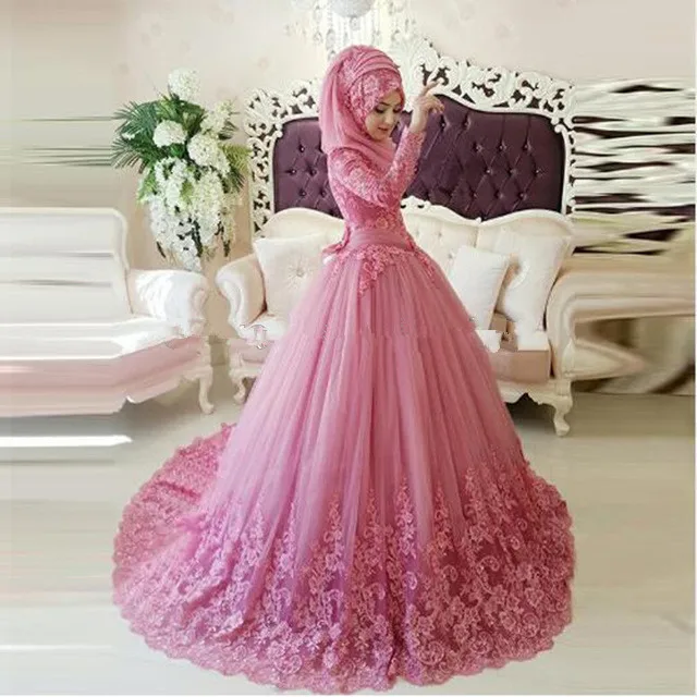Arabic Muslim Long Sleeve Wedding Gown 2020 Turkish Gelinlik Lace Applique Hot Pink Islamic Bridal Mother of the Bride Dresses Arabic Muslim Long Sleeve Wedding Gown 2020 Turkish Gelinlik Lace Applique Hot Pink Islamic Bridal Mother of the Bride Dresses