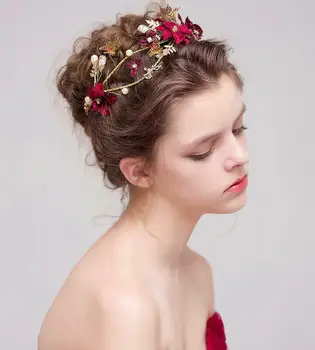 

Charm Bridal Butterfly Wedding Party Red Flower Gold Crown Hair Band Headband Vintage Tiara Headpiece Head Accessories Women