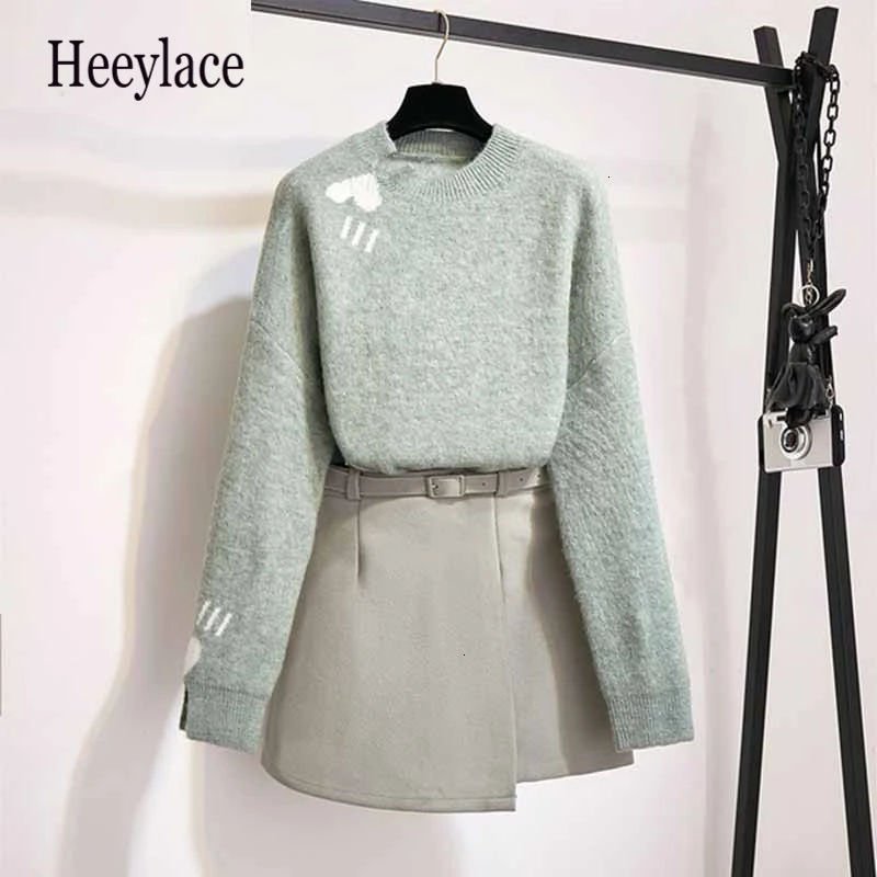 Turquoise Зеленый свитер, шерстяные юбки, женский костюм, Осень-зима, Женский игривый свитер с сердечком и поясом, мини-юбка, комплект из двух предметов - Цвет: Turquoise
