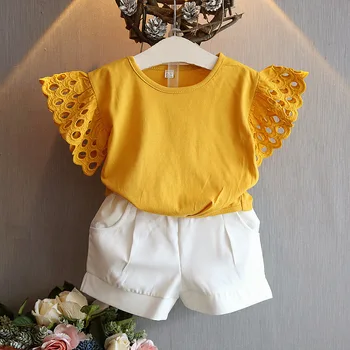 

2020 Baby Summer Clothing Infant Kids 3-8T Baby Girls Clothes Set Hollow Out Sleeve Solid Tops +Shorts 2Pcs Set Outfits