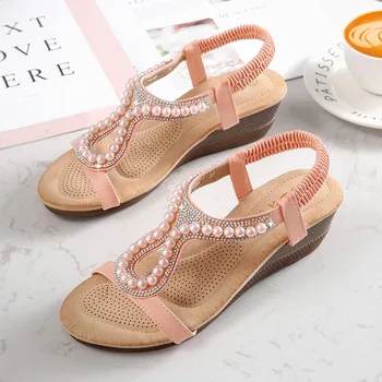 

Summer New Style Women's Pearl Slope Wedges Sandals Fashion Woman Crystal Accessories Leisure Ladies String Bead Heels Shoes